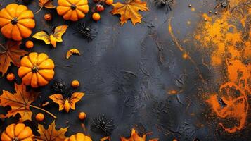 Autumn pumpkins and leaves with black spiders on dark background. Halloween decoration. Concept of seasonal, festive design, spooky decoration, fall aesthetics. Banner. Copy space photo