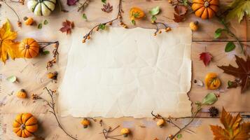 Autumn leaves and pumpkins on wooden background. Blank paper for text in center. Thanksgiving mockup with copy space. Concept of fall, holiday card template, Thanksgiving design, harvest festival photo