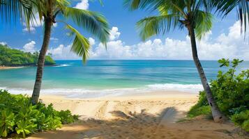 Tropical beach landscape with palm trees and ocean view. Serene coastal scene. Concept of travel, summer vacation, calmness, and peaceful beaches. photo