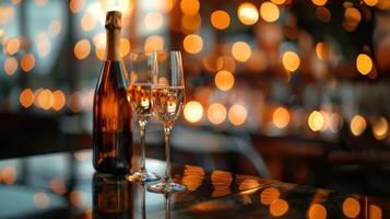 Sparkling champagne in flutes on shimmering golden backdrop. Festive atmosphere with champagne for celebrating. Concept of festivities, joyful events, New Year's Eve, Christmas. Copy space. photo