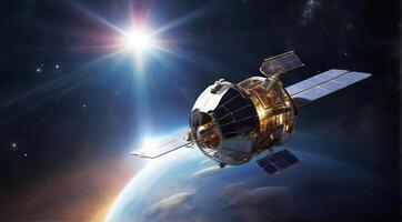 espacio satélite bañado en luz de sol, orbital tierra. orbital satélite con solar paneles extendido. concepto de satélite comunicación, espacio tecnología, exploración de el cosmos foto