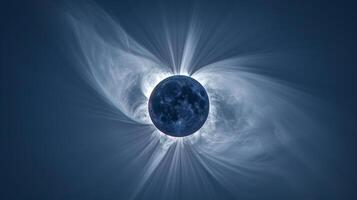 Solar eclipse with bright corona effect in the night sky. Majestic eclipse phenomena with glowing solar light. Concept of astronomical event, celestial wonder, natural spectacle photo