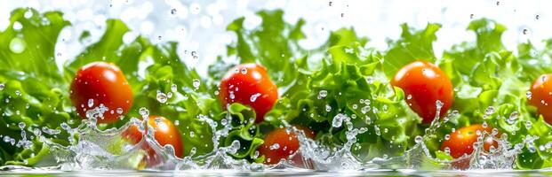 Fresh cherry tomatoes with green lettuce on a reflective surface with water splashes. Vegetables, organic food, freshness, healthy eating concept. Banner. Copy space photo