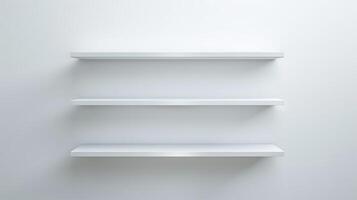 Three empty white floating shelves on a plain white wall Minimalist design Concept of organization storage modern interior simplicity. Copy space. Mockup photo