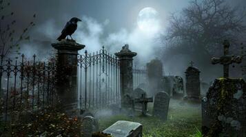 Foggy graveyard with an iron gate and a crow perched on a pillar. Eerie cemetery scene with gravestones. Spooky atmosphere, Halloween night, gothic setting concept photo