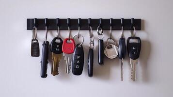 Car keys hanging on a rack. Various keys for different vehicles. Concept of transportation, security, auto management, keychain, organized storage photo