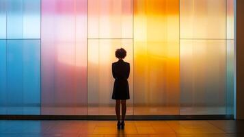 African American woman gazing at a vibrant, colored glass wall. Businesswoman contemplating in an office lobby. Concept of contemplation, reflection, modern architecture, and corporate setting. photo