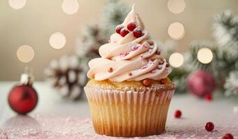 Festive Christmas cupcake with red wrapper and cream frosting. Holiday dessert concept. Christmas decorations. Festive food display. Copy space photo