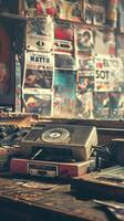 Vintage Audio Equipment and Cassette Tapes in Retro Music Studio. Concept of retro cassette tape player, music memorabilia, historical soundtracks, and cultural nostalgia photo