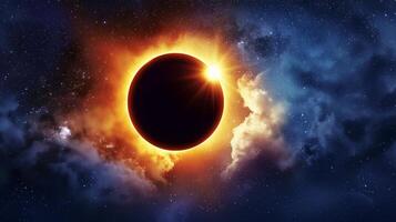 Solar eclipse with a glowing corona in a star-filled sky. Eclipse with radiant halo. Concept of astronomy, celestial events, cosmic phenomena, and solar observation photo