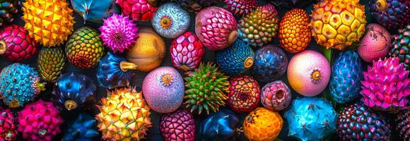 Colorful assortment of exotic fruits top view. Tropical, vibrant colors, variety, fresh produce concept photo