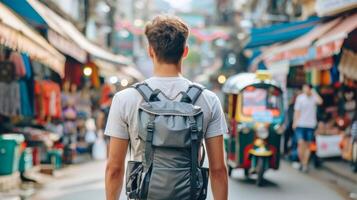 Caucasian male tourist exploring a bustling Thai street market. Young man with backpack in urban Thailand. Concept of tourism, travel, and cultural immersion. photo
