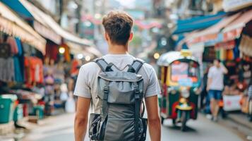 caucásico masculino turista explorador un bullicioso tailandés calle mercado. joven hombre con mochila en urbano tailandia concepto de turismo, viajar, y cultural inmersión. foto