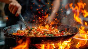 Chef prepares Thai food in flaming wok, fiery cooking with fresh ingredients. Close-up of sauteing vegetables and seafood. Concept of Asian cuisine, live cooking, culinary skills. photo