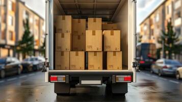 Cardboard boxes stacked inside a moving truck. Transportation, moving, delivery, logistics concept photo