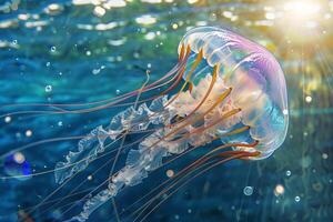 Sunlit underwater scene with glowing jellyfish swimming in the blue ocean. Radiant marine life. Concept of ocean exploration, luminous sea creatures, and aquatic light play. photo