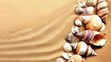 Assortment of multicolored seashells on a golden sandy beach, creating a natural seaside pattern. Serene beach discovery theme. Concept of marine life, shell collecting, beach vibes. Space for text photo