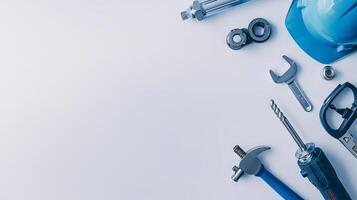 Professional Tools for Construction and Repair Projects. Concept of hardware, engineering, DIY, and craftsmanship. Copy space for text photo