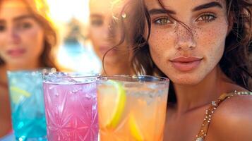 Woman with friends celebrating summer by the pool with drinks. Summer party with friends in the pool. Concept of leisure, friendship, summer fun. photo