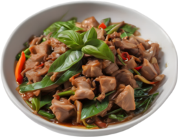 Spicy, aromatic Thai pork basil stir-fry. AI-generated. png