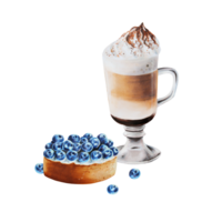 acquerello soffice schiuma latte macchiato illustrazione caffè nel un' bicchiere tazza con mirtillo tortino. mano pittura su un' bianca isolato sfondo. per designer, menù, negozio, sbarra, bistro, ristorante, per inviare png