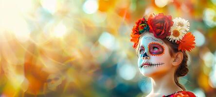 Girl with festive sugar skull face paint on bokeh background. Child with artistic Dia de los Muertos makeup. Concept of Mexican culture, Halloween celebration, and vibrant tradition. Space for text photo