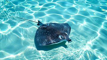 Stingray gliding through clear shallow waters. Serene marine animal in its natural habitat. Concept of aquatic life, peace in nature, and ocean photo