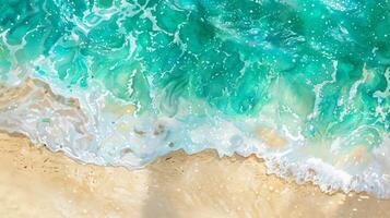 Watercolor illustration of ocean waves and sandy beach. Artistic rendition of the seaside. Top view. Concept of abstract seascapes, aquarelle ocean, and creative beach art. Space for text photo