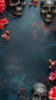 Skull and floral arrangement for Halloween decor. Skeleton heads surrounded by flowers. Concept of spooky celebration, autumn decoration, gothic art, design, Day of the Dead. Copy space. Vertical photo