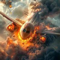Airplane engulfed in flames descending in cloudy sky. Aircraft on fire falling through the clouds. Concept of aviation accident, emergency situation, danger. Burning plane photo