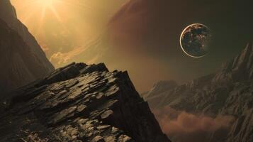 Rocky alien landscape with distant planet. Foreign terrain under glowing sun. Concept of extraterrestrial environment, otherworldly scenery, sci-fi exploration, alien planet photo