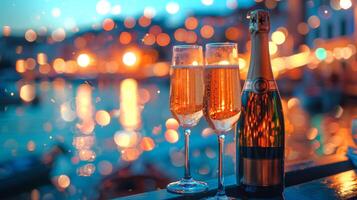 Sparkling champagne in flutes on shimmering golden backdrop. Festive atmosphere with champagne for celebrating. Concept of elegance, festivities, events, New Year's Eve, Christmas. Copy space photo