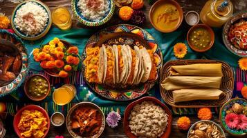 Mexican traditional food on the table. Authentic Mexican cuisine with bright dishes. Concept of cultural celebration, culinary, festive meal, feast, Day of the Dead, Dia de los Muertos celebration photo