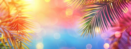 Bright summer tropical background with colorful pastel palm leaves and bokeh effects. Trendy vibrant botanical wallpaper with blue and pink colors. Wide banner. Copy space. Mockup for design photo