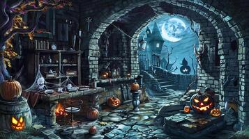 Spooky Halloween village scene with jack-o-lanterns and full moon. Dark stone archway with cobwebs and ghostly silhouettes. Concept of Halloween, spooky atmosphere, autumn night photo