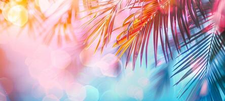 Bright summer tropical backdrop with colorful palm leaves and bokeh effect. Trendy botanical wallpaper with soft colors. Festive mood. Summer vibes. Wide banner. Space for text. Mockup for design photo