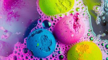 Colorful bath bombs fizzing in water, vibrant colors releasing clouds of dye, bubbles surrounding them, creating a dynamic and engaging visual. Concept of relaxation, spa treatment, bathing enjoyment. photo