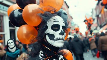 Víspera de Todos los Santos desfile con personas en esqueleto disfraces y naranja y negro globos concepto de festivo celebracion, disfraces, día festivo, y multitudes foto