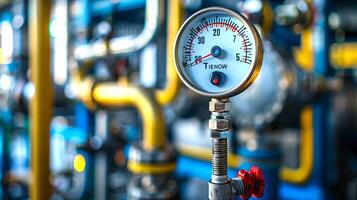 Industrial pressure gauge in a blurred factory background. Concept of machinery, industrial equipment, measurement, pressure monitoring photo