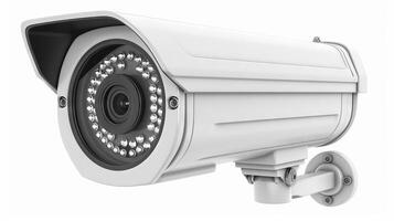 Modern surveillance camera on a white background. Security device concept for monitoring, public safety, and crime prevention. Close-up view of advanced technology. Isolated on white photo