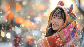 asiático mujer en vistoso encapuchado chal durante invierno nevada. concepto de nieve, invierno moda, fiesta alegría, estacional alegría. Copiar espacio foto