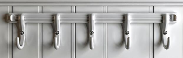 White wall with five modern metallic hooks. Home organization accessory. Concept of minimalism, interior design, storage solution, and functionality photo