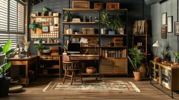 Cozy Vintage Home Office with Indoor Plants and Wooden Shelving photo