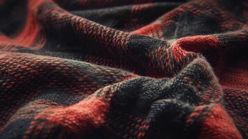 Textured Red and Black Plaid Fabric in Soft Folds photo