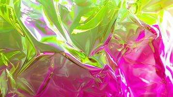 Vibrant Wrinkled Foil Texture in Neon Green and Pink Abstract Background photo