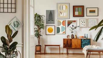 Modern Interior Design with Framed Art, Indoor Plants, and Wooden Furniture photo