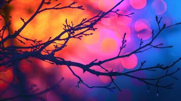 Silhouetted Tree Branches with Colorful Bokeh Background in Twilight photo