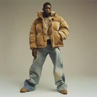 Stylish Young Man in a Tan Puffer Jacket and Denim Jeans photo