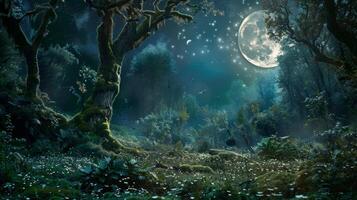 Magical Enchanted Forest at Night Illuminated by Full Moon and Sparkling Stars photo