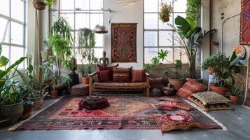 Eclectic Bohemian Living Room with Abundant Indoor Plants and Colorful Textiles photo